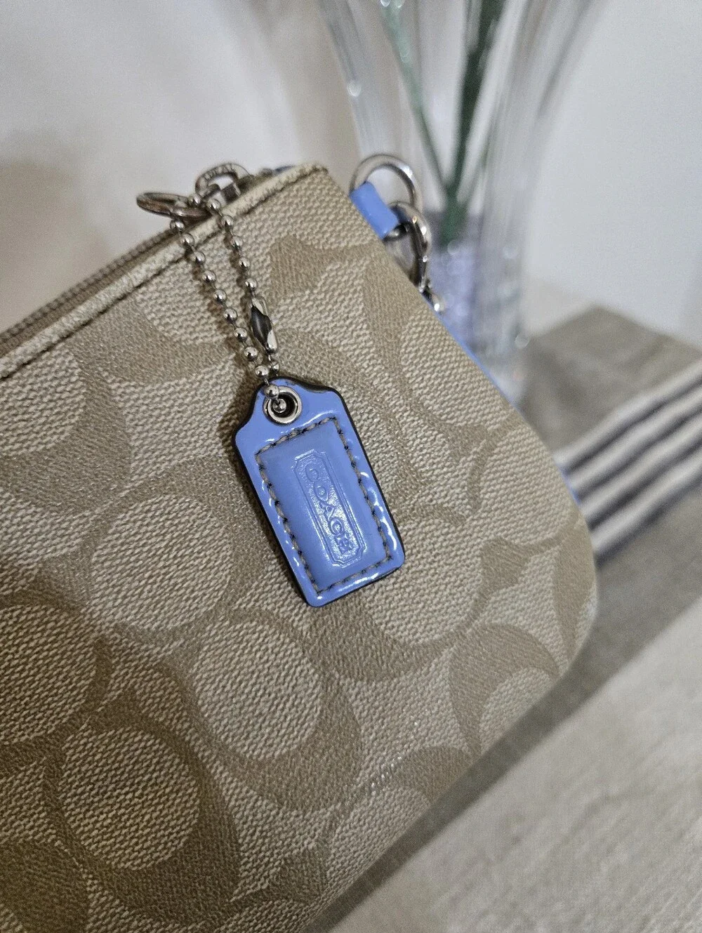 Coach Beige Signature Small Wristlet with Light Blue Trim